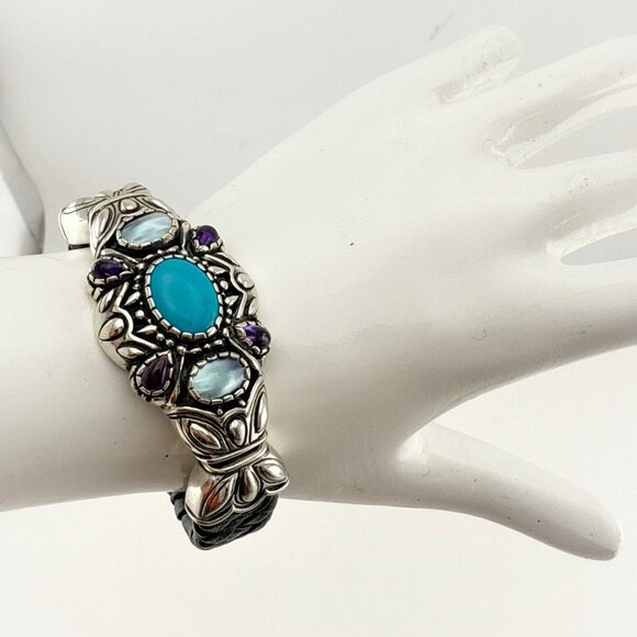 Carolyn Pollack Bracelet Cuff Turquoise Amethyst Pearl Leather Sterling Silver - Picture 1 of 15